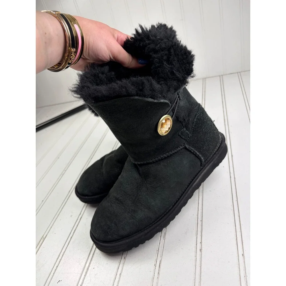 UGG Bailey Button Gold Bling Black Suede Sheepskin Boots Women's Size 6